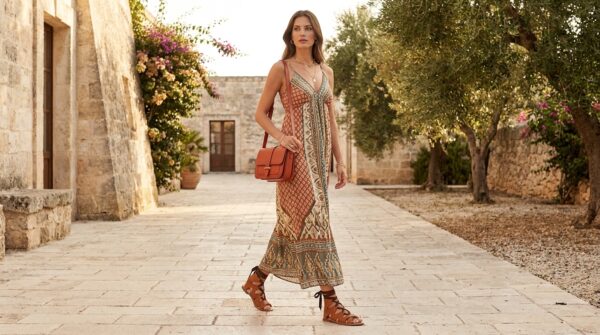 Sandali stile etnico Chiara Camel con abito lungo boho