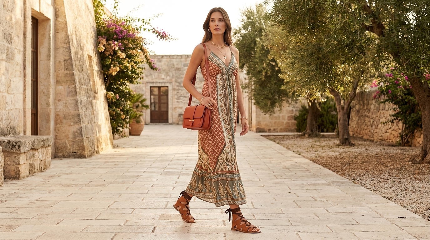Sandali stile etnico Chiara Camel con abito lungo boho