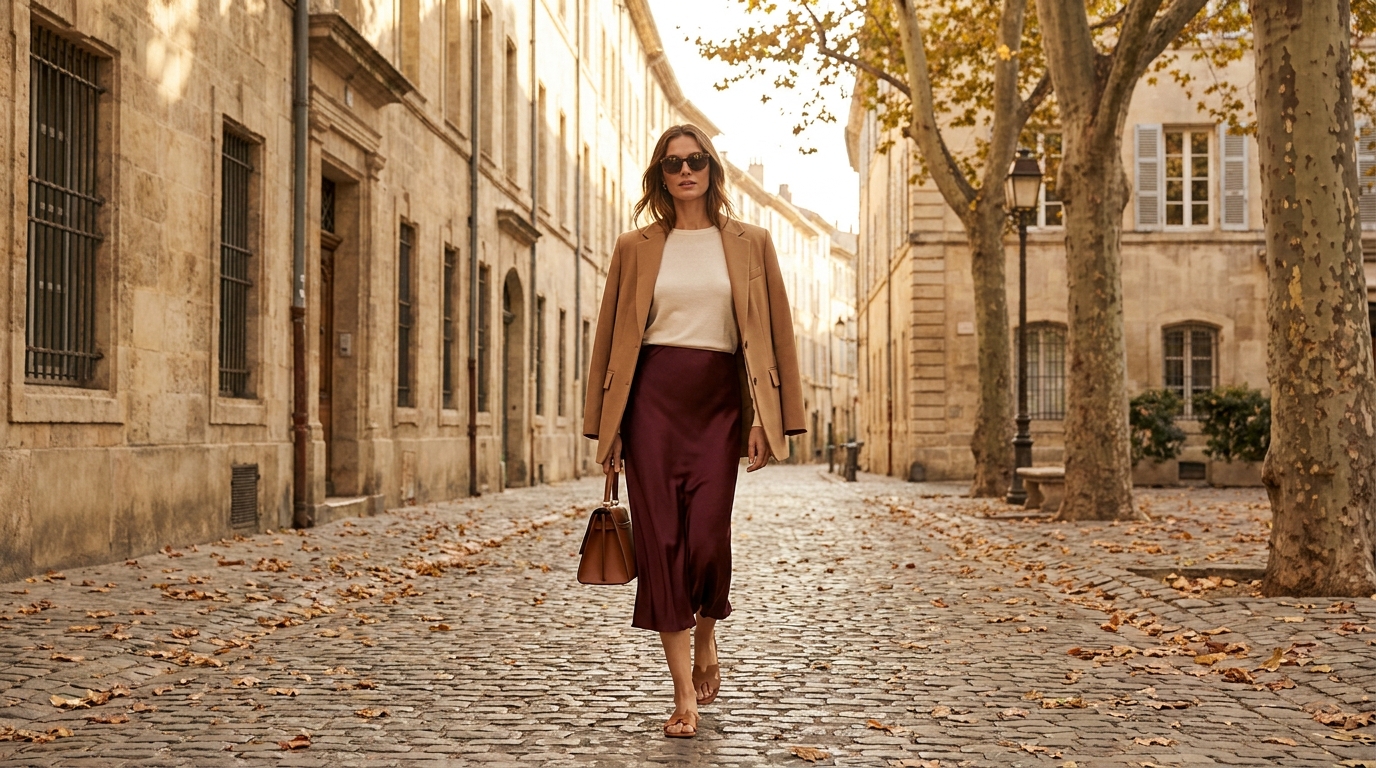 Sandali autunnali con gonna midi Sandali autunnali abbinati a gonna midi e blazer