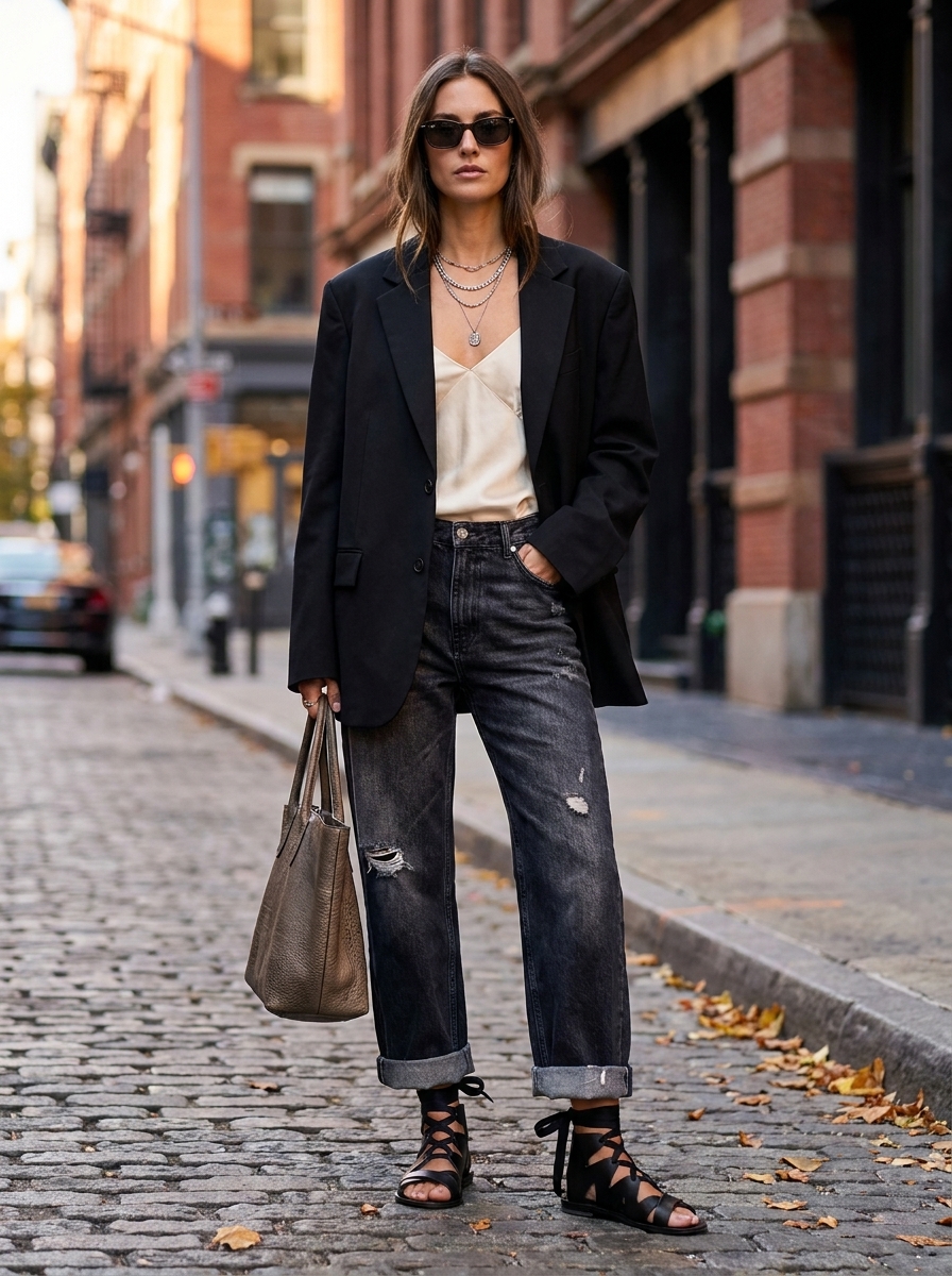 Sandali autunnali e jeans Sandali autunnali neri Chiara abbinati a jeans e blazer