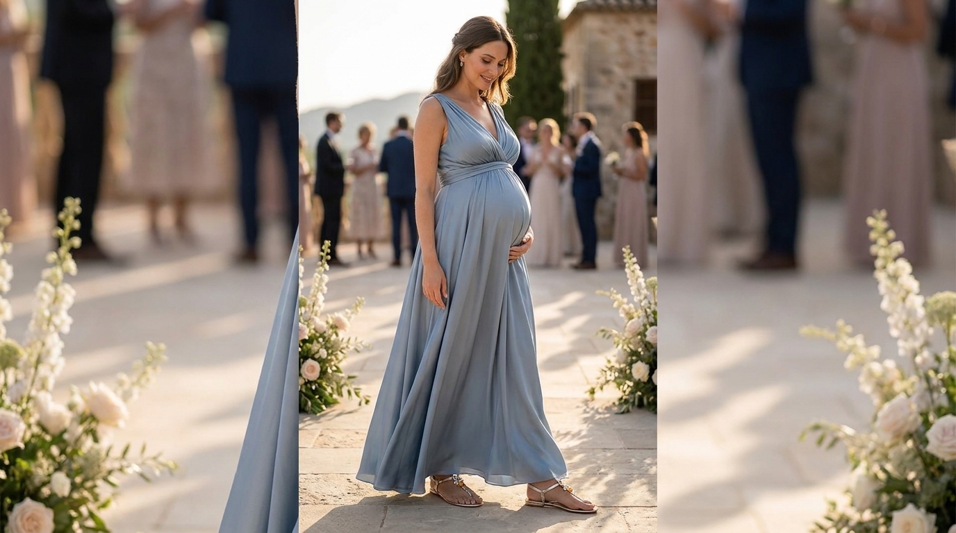 Sandali Jasmine con abito stile impero Sandali Jasmine abbinati ad abito stile impero in gravidanza